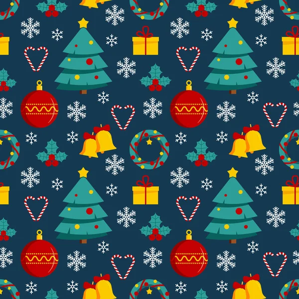 Weihnachten Nahtloses Muster Mit Farbigen Flachen Symbolen Auf Blauem Hintergrund — Stockvektor