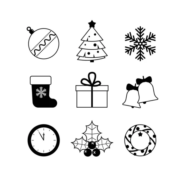 Navidad Año Nuevo Icono Plano Blanco Negro Con Copos Nieve — Vector de stock