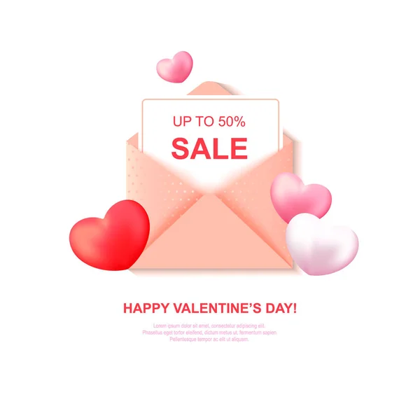 情人节销售标签与可爱的粉红色信封和心脏。 起来了 — 图库矢量图片
