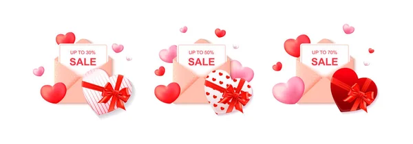 Set de etiquetas de venta de San Valentín con sobre rosa lindo, prese — Vector de stock