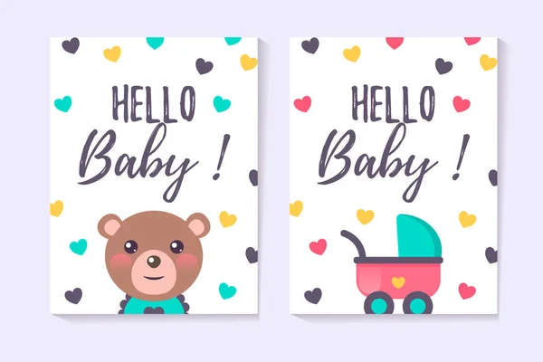 Conjunto de tarjetas de felicitación para niña y niño baby shower — Vector de stock