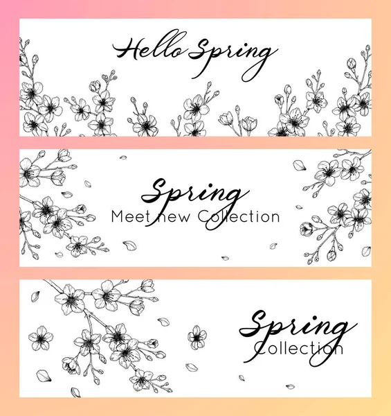 手描きの春の桜をスケッチスタイルで水平バナーのセット カード バナー 招待状 見出しのための春のデザイン テキストの場所 — ストックベクタ