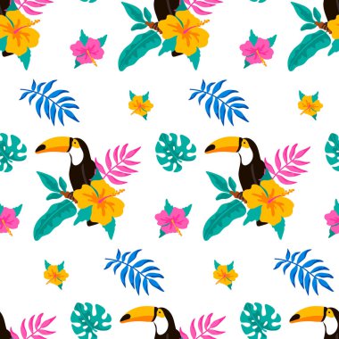 El çizimi tropikal desenler, tukan, palmiye ağacı, canavar yaprakları ve beyaz arka planda tropikal çiçekler. Vektör illüstrasyonu
