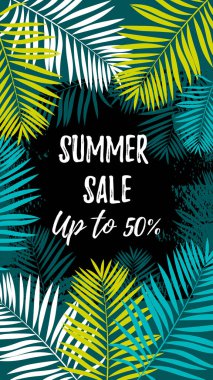 Tropikal yapraklı sosyal medya hikayeleri için yaz tasarımı şablonu. Metin için alanı olan egzotik çerçeve