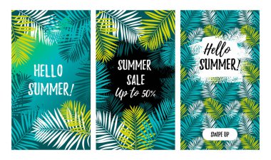 Tropikal yapraklı sosyal medya hikayeleri için bir dizi yaz tasarım şablonu. Metin için alanı olan egzotik çerçeve