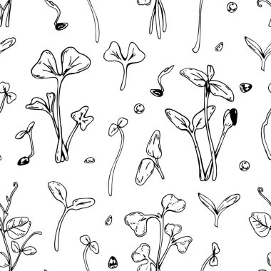 El yapımı mikro yeşiller kusursuz desen. Beyaz arkaplanda izole edilmiş taslak biçiminde vektör illüstrasyonu