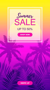 Tropikal palmiye ağaçları olan sosyal medya hikayeleri için renkli bir yaz tasarımı şablonu. Metin için alanı olan egzotik çerçeve