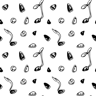 El yapımı mikro yeşillikler ve tohumlar pürüzsüz desen. Beyaz arkaplanda izole edilmiş taslak biçiminde vektör illüstrasyonu