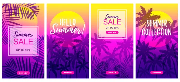 一套五彩缤纷的夏季设计模板 用于热带棕榈树社交媒体故事 带有文字空间的异质框架 — 图库矢量图片