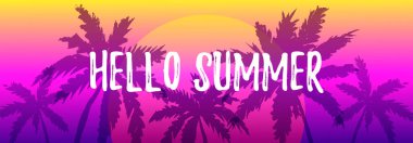 Tropikal palmiye ağaçları olan renkli bir yaz afişi. Merhaba yaz mesajı. Metin için boşluk