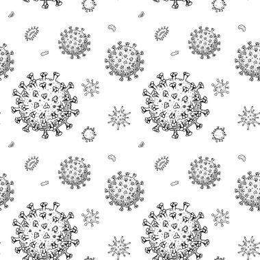 Elle çizilmiş koronavirüs çizim tarzında kusursuz desen. Mikroskop virüsü yaklaşıyor. Vektör çizimi. COVID-2019