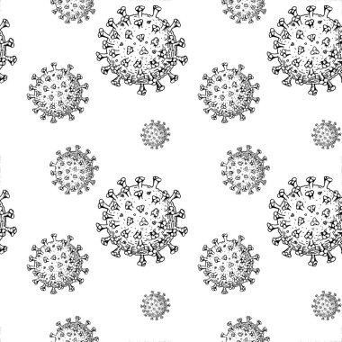 Elle çizilmiş koronavirüs çizim tarzında kusursuz desen. Mikroskop virüsü yaklaşıyor. Vektör çizimi. COVID-2019