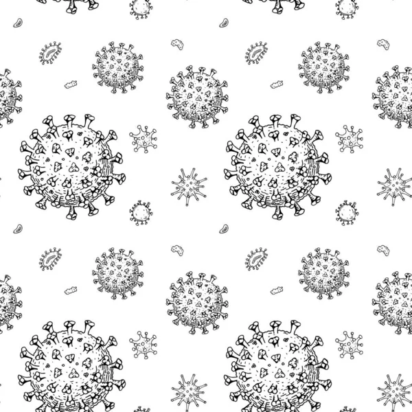 Elle çizilmiş koronavirüs çizim tarzında kusursuz desen. Mikroskop virüsü yaklaşıyor. Vektör çizimi. COVID-2019
