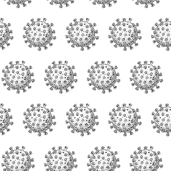 Elle çizilmiş koronavirüs çizim tarzında kusursuz desen. Mikroskop virüsü yaklaşıyor. Vektör çizimi. COVID-2019