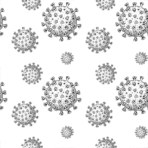 Elle çizilmiş koronavirüs çizim tarzında kusursuz desen. Mikroskop virüsü yaklaşıyor. Vektör çizimi. COVID-2019