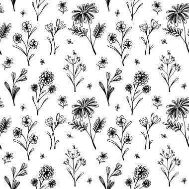 Elle çizilmiş çiçek desenli kusursuz desen. Beyaz üzerine izole edilmiş taslak biçiminde vektör illüstrasyonu