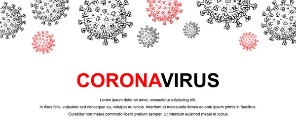 Banner Coronavirus Com Elementos Design Desenhados Mão Vírus Microscópico Perto —  Vetores de Stock
