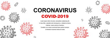 Yatay koronavirüs pankartı ve elle çizilmiş tasarım elementleri. Mikroskop virüsü yaklaşıyor. Robot resim tarzında vektör illüstrasyonu. COVID-2019