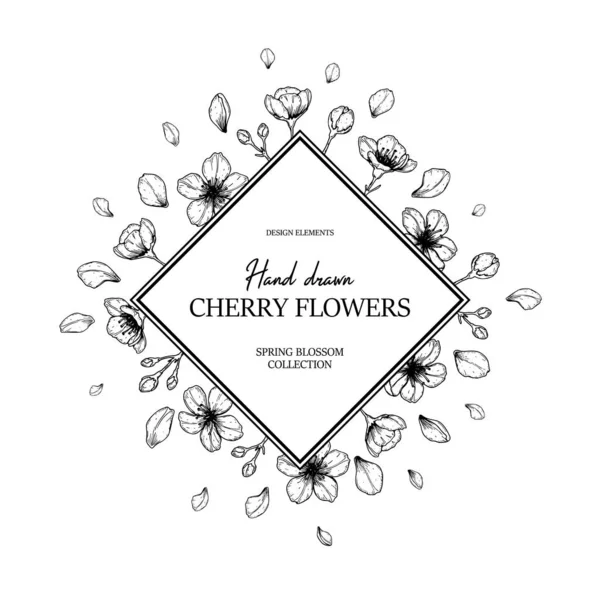 Květinový Rám Ručně Kresleným Jarním Třešňovým Květem Stylu Náčrtku Jarní — Stockový vektor