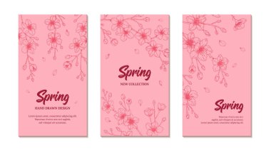 El çizimi ilkbahar kiraz çiçekli dikey tasarımlar. Sosyal medya hikayeleri, kartlar, afişler, mektuplar, davetiyeler için bahar tasarımı. Metin için yer