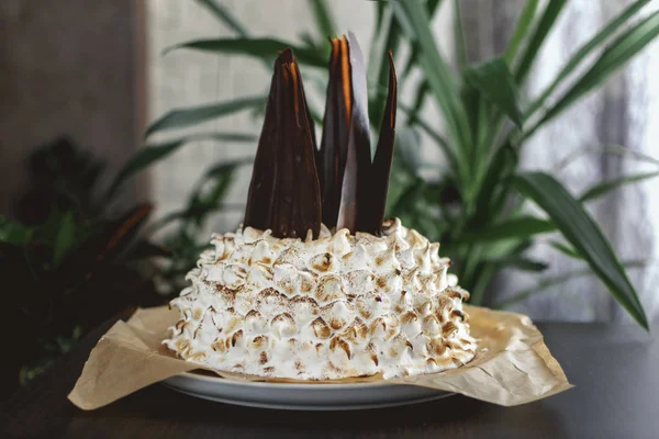 Bolo de abacaxi em um prato. folhas verdes no fundo desfocado — Fotografia de Stock