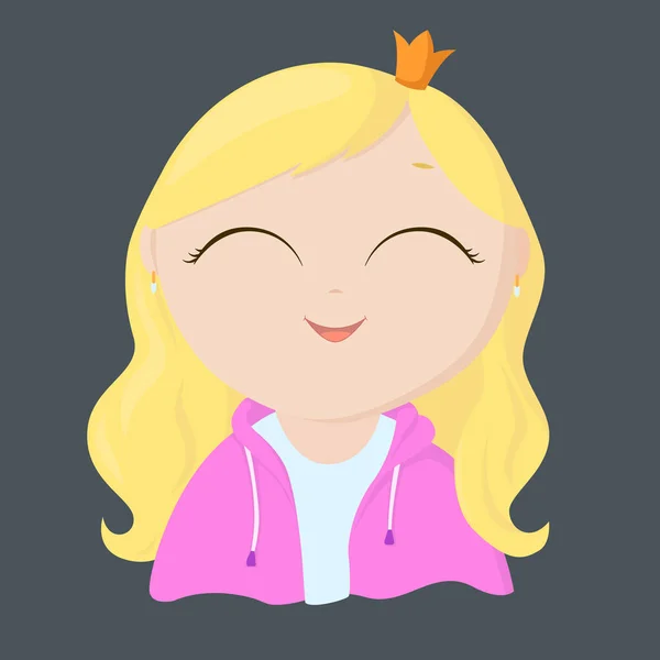 Kleine Cartoon-Prinzessin mit blonden Haaren. glückliches Mädchen in der Krone. Lächelndes Baby im Königinnenkostüm. — Stockvektor