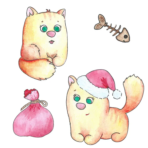 Set of watercolor illustrations. Cartoon orange cats. Santa Claus kitten with a bag of gifts. — Stock Photo, Image