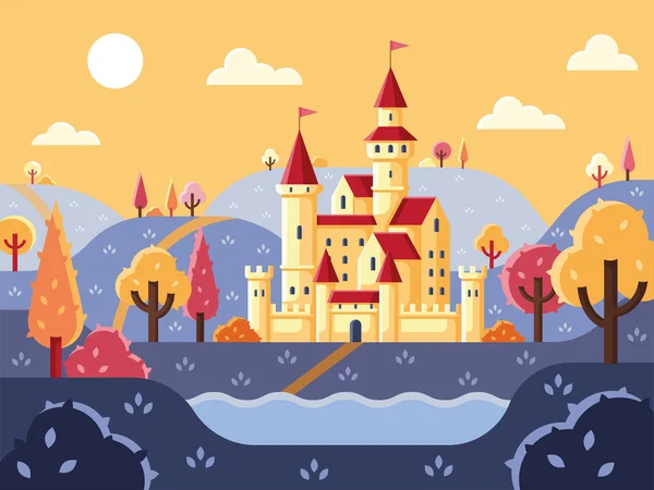 全景城堡 童话般的城堡风景 神奇的魔法城堡或神仙屋王国幻想宫殿塔 神奇的神仙屋或魔法城堡王国 矢量说明 — 图库矢量图片