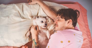 Handsome man lying with little white dog with blue eyes at bed. Young man in a bed under a rug with his dog in an embrace. Handsome young hipster with his dog resting on bed at home
