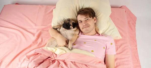 Handsome man lying with pug at bed. Young man in a bed under a rug with his dog in an embrace. Man with dog lying down in the bed in a morning and looking in to a camera