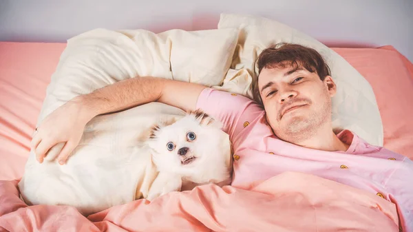 Handsome man lying with dog at bed. Young man in a bed under a rug with his dog in an embrace. Man with dog lying down in the bed in a morning and looking in to a camera