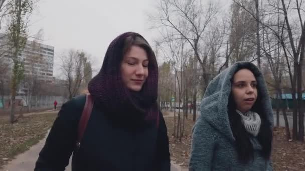 Zwei schöne Frauen, die im Winter auf der Straße spazieren gehen und sich nett unterhalten. Frauen in warmer Kleidung gehen bei kaltem Wetter. — Stockvideo