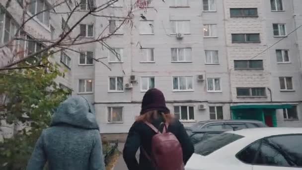 ロシアのヴォロネジ2019年11月3日:ロシアのゲットー冬の街を歩く2人の美しい女性とかわいいチャット。寒い気候の中を歩く暖かい服の女性. — ストック動画