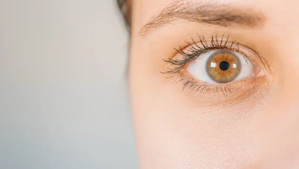Makro obraz lidského oka s kontaktní čočkou. Ženský pohled zblízka. Lidské oko s dlouhými řasami a řasenkou. Kosmetika a make-up. — Stock fotografie