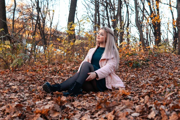 Una giovane donna piacevole in abiti casual con i capelli lunghi è seduta nella foresta autunnale . — Foto Stock