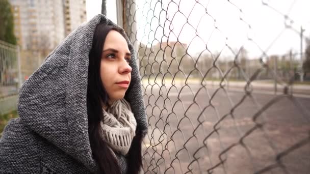 Young Beautiful Woman Gray Coat Posing Lattice Fence Late Autumn — Stock Video