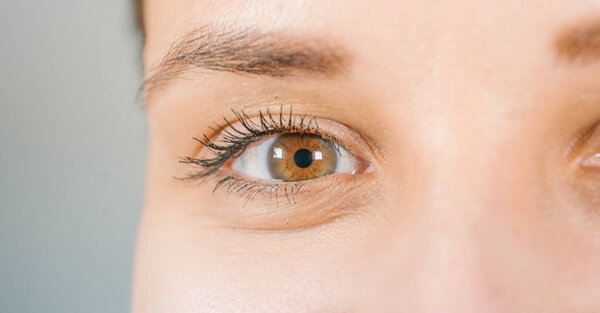 Macro image of human eye with contact lens. Woman's eye close-up. Human eye with long eyelashes with mascara. Cosmetics and makeup.