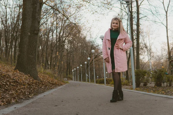 Uma menina bonita caminha ao longo da ruela no parque de outono. — Fotografia de Stock