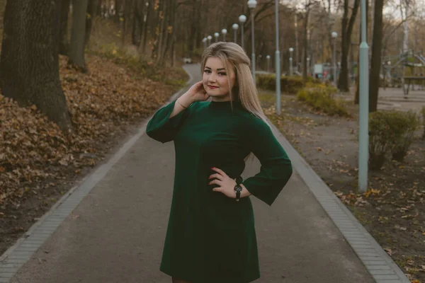 Una guapa chica camina por la calle en el parque de otoño.. — Foto de Stock