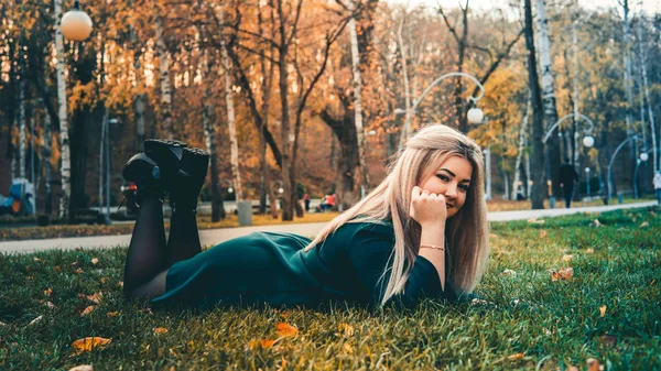 Egy gyönyörű lány portréja, ahogy a fűben fekszik. Egy bájos nő fekszik a zöld fűben, sárga levelekkel.. — Stock Fotó