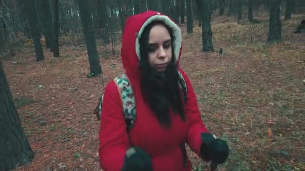 Una hermosa joven se dedica a la caminata nórdica en los bosques . — Vídeos de Stock