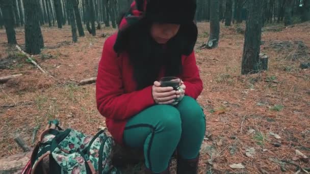 En söt ung kvinna i jacka och en hatt med öronlappar sitter på en stock och dricker te i kallt väder i skogen. — Stockvideo