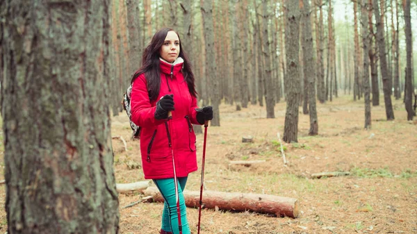 Uma jovem bonita está envolvida na caminhada nórdica na floresta. . — Fotografia de Stock