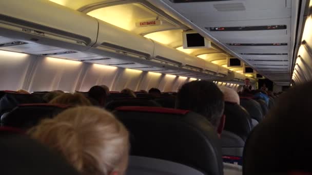Sok Ember Visszapillantása Repülőn Utasokkal Rendelkező Repülőgép Belseje Üléseken Ülve — Stock videók