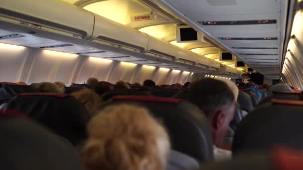 Visão Traseira Muitas Pessoas Avião Interior Avião Com Passageiros Sentado — Vídeo de Stock