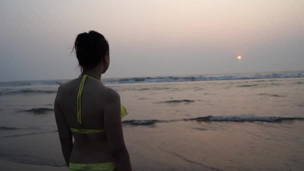 Młoda Kobieta Plaży Patrząc Zachód Słońca — Wideo stockowe