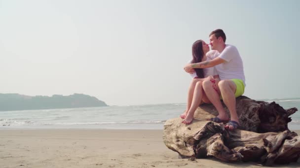 Felice coppia seduta su driftwood vicino al mare. Amante coppia abbracciare e toccare naso mentre si siede su driftwood durante la data sulla spiaggia contro il mare ondeggiante e cielo senza nuvole — Video Stock