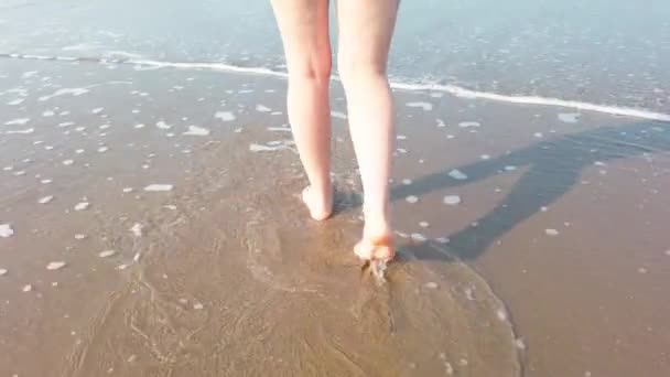 海の水の中の女性の足 海岸沿いの女性の足の閉鎖 ビーチ レジャー — ストック動画