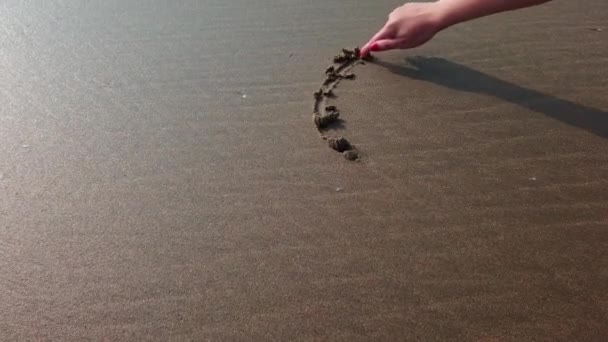 Жінка тягне велике серце пальцем на піску.. — стокове відео