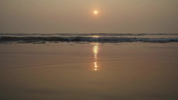 夕阳西下 清澈的海水在潮湿的沙滩上翻滚 — 图库视频影像